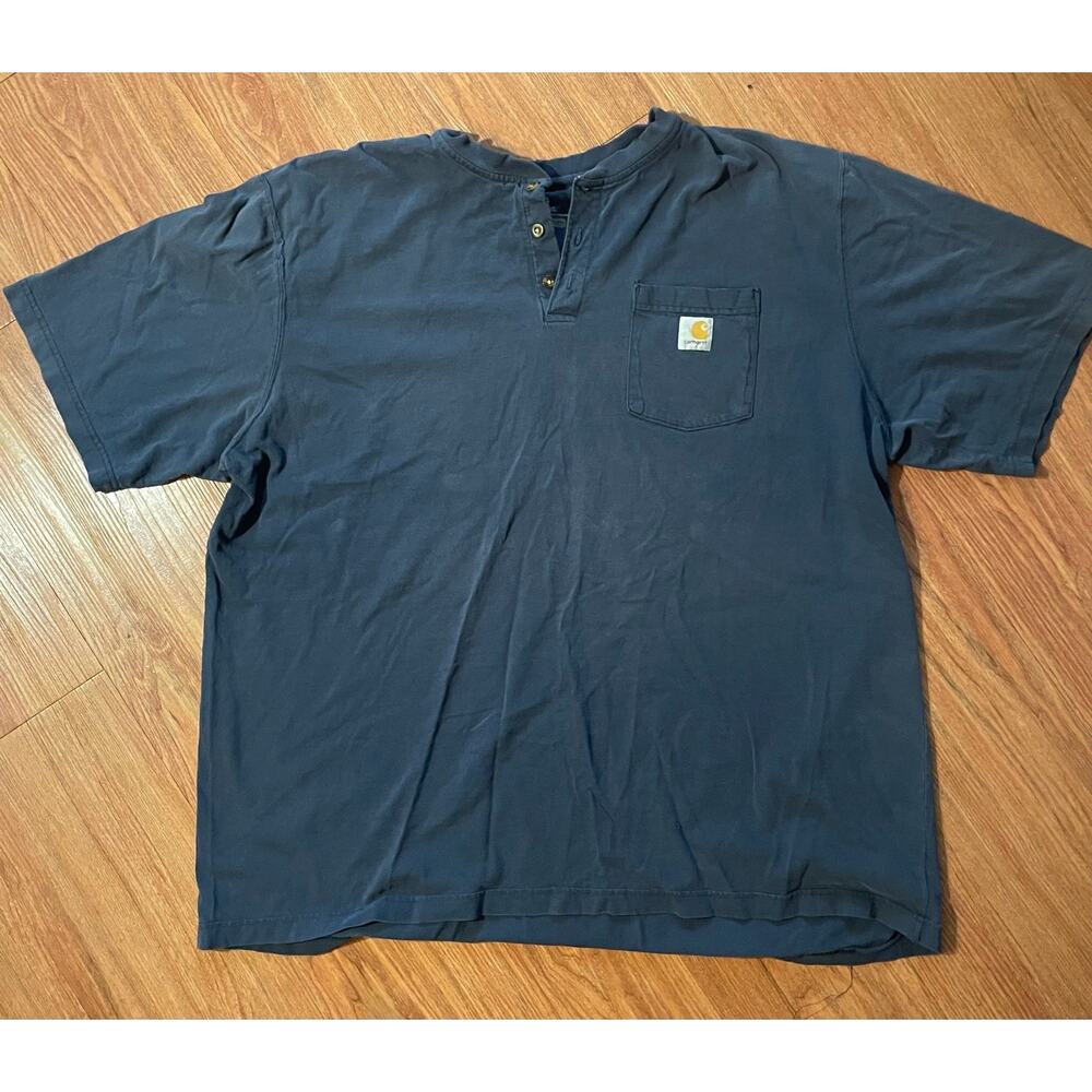 Men’s Carhartt Button Henley Tee 2XL Blue Faded Thrashed Grunge Workwear Utility